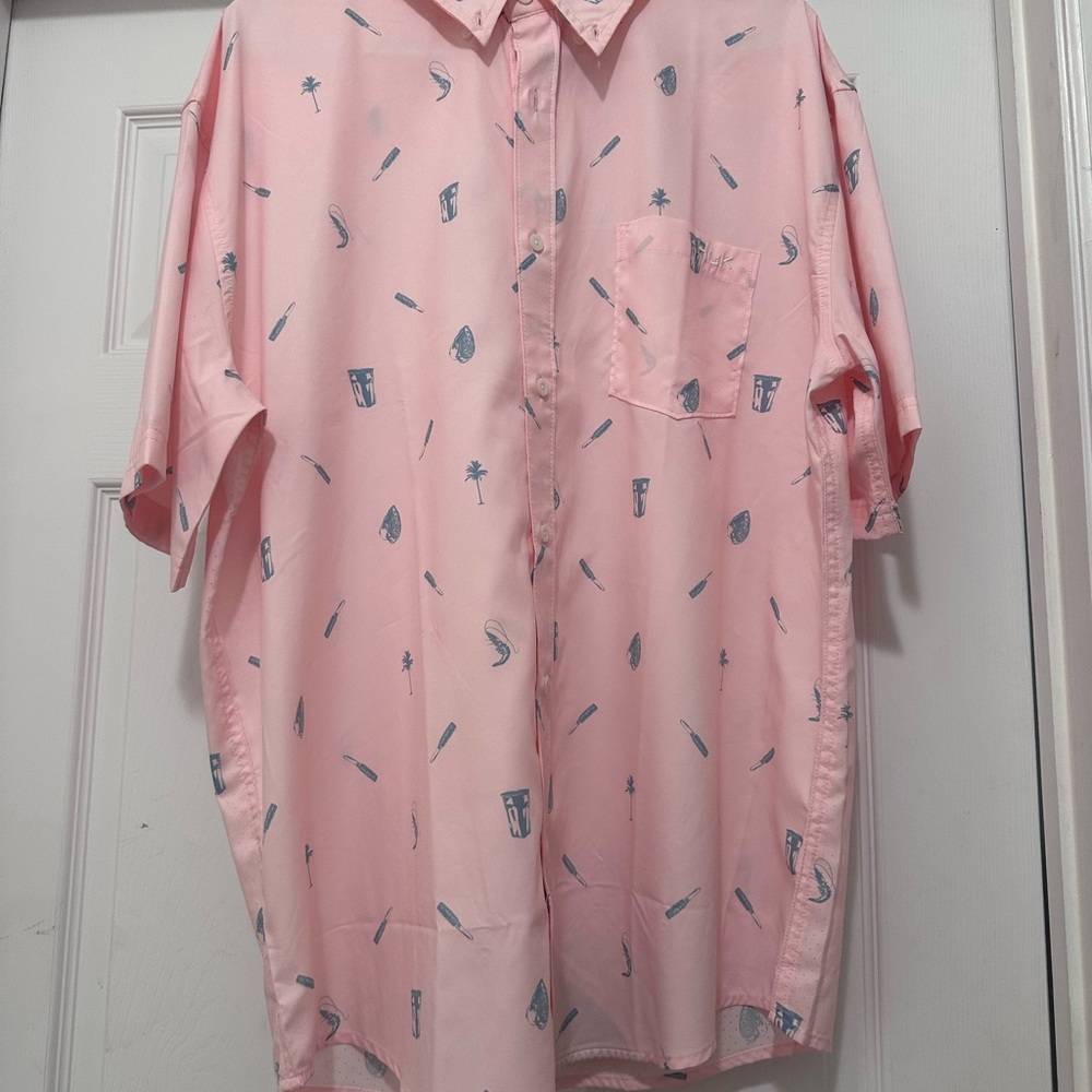 Huk Men's Pink and Blue Patterned Casual Shirt